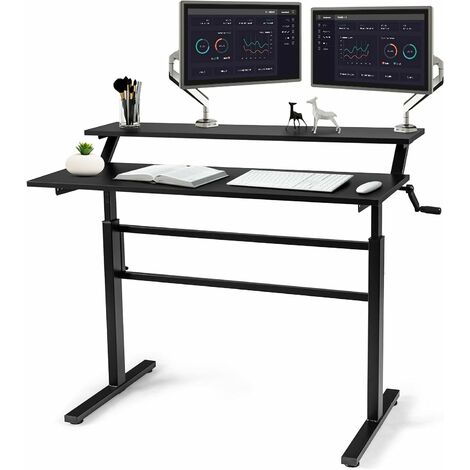 Tavolo per Computer con 2 Ripiani, Tavolo da Studio, Scrivania per Computer, Postazione di Lavoro, Regolabile in Altezza da 88-125 cm, con Manovella Rimovibile (Nero)