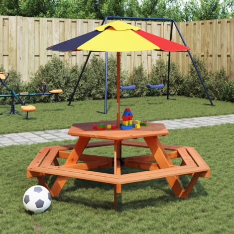 Tavolo Picnic per 6 Bambini con Ombrellone Esagono Legno Abete vidaXL