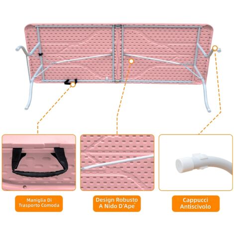 Tavolo pieghevole portatile 243 cm resistente con maniglia, multifunzionale per interni ed esterni, capacità 135 kg, colore rosa