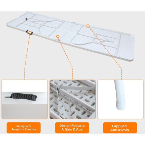 Tavolo pieghevole portatile 244 cm resistente con maniglia, multifunzionale per interni ed esterni, capacità 135 kg, colore bianco