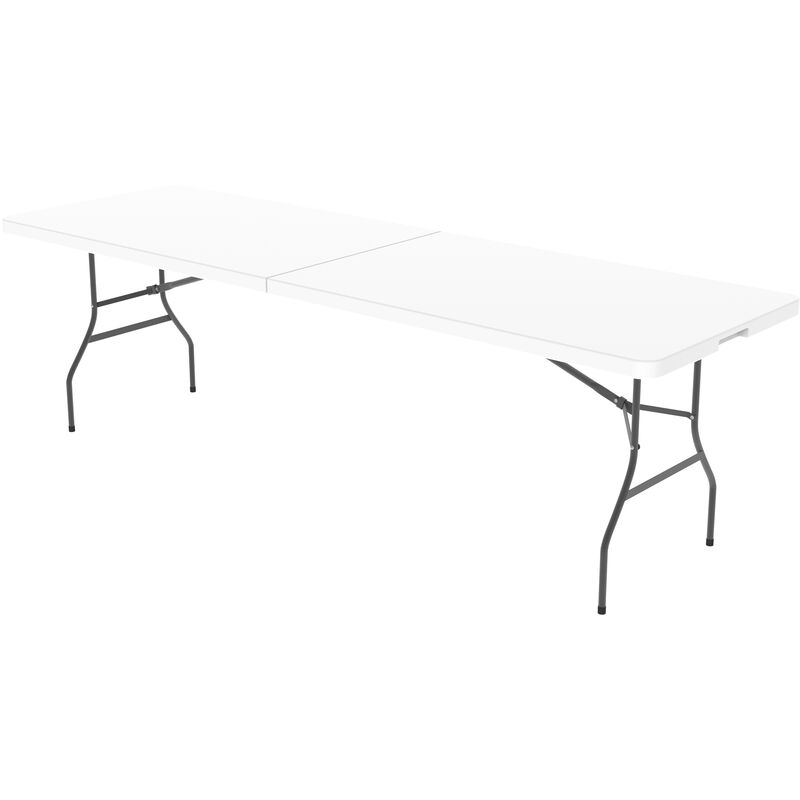 Tavolo Portatile Pieghevole, Tavolo Trasportabile, 240 x 75.5 cm, Bianco, Pieghevole a metà, Materiale: HDPE