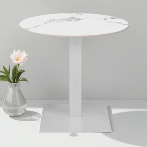 Tavolo pub ristorante bar rotondo 70 cm Top esterno effetto Marmo Bianco base bianca H 75