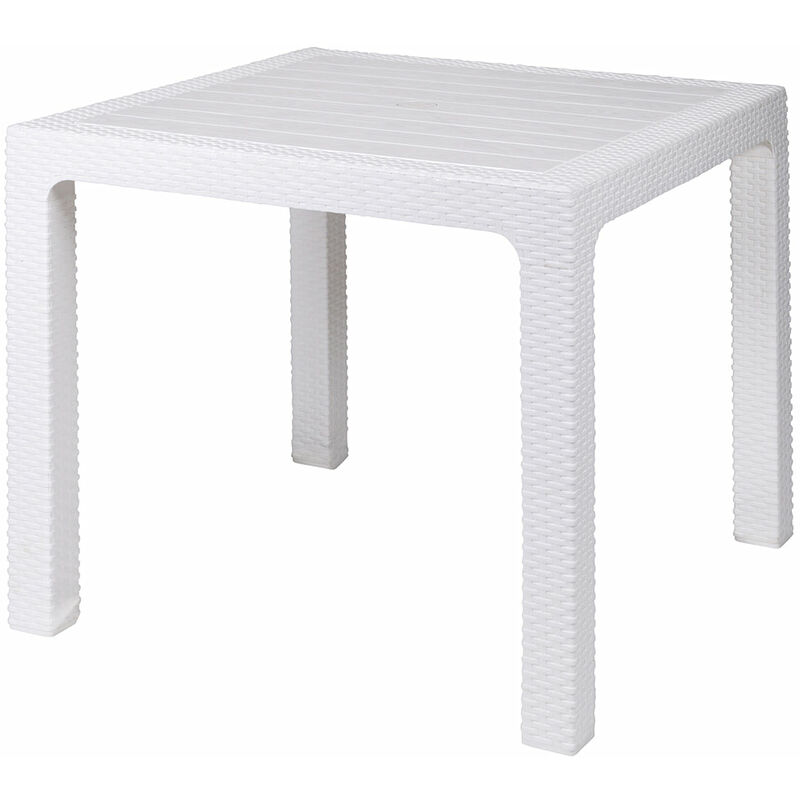 Gardeness - Tavolo quadrato 80x80 cm da esterno bar e ristoranti effetto rattan e piano effetto doghe con foro per ombrellone Esté - White