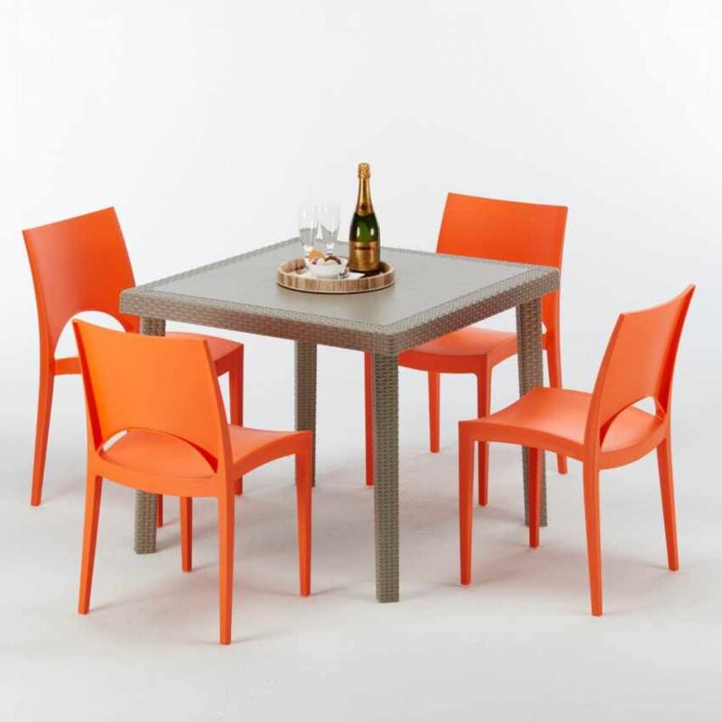 Tavolo Quadrato Beige 90x90 Cm Con 4 Sedie Colorate Elegance Paris Arancione S7090setj4pa
