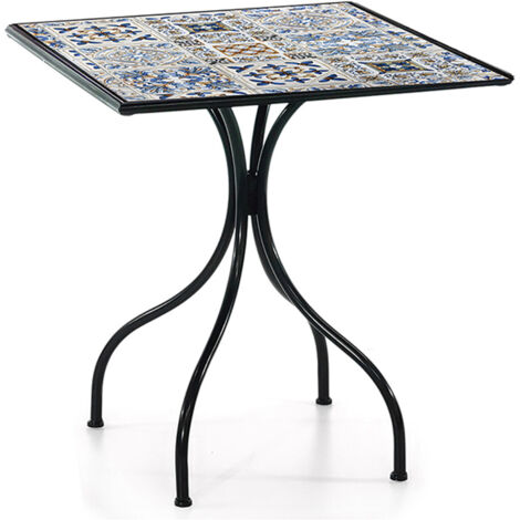 Tavolo quadrato in ferro battuto e ceramica decorazione mosaico 70X70 elegante per esterno o interno stabile per terrazza balcone