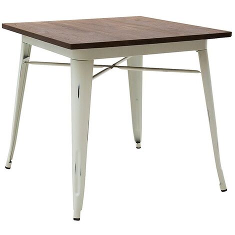 Tavolo quadrato in metallo bianco con piano in legno
