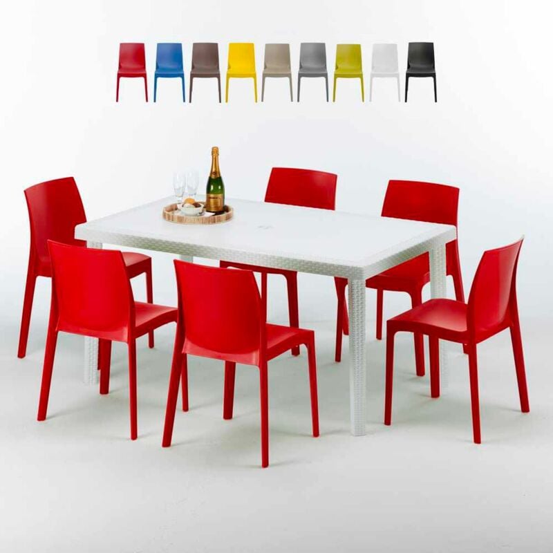 Tavolo Rettangolare Bianco 150x90 cm con 6 Sedie Colorate Rome Summerlife Colore: Rosso