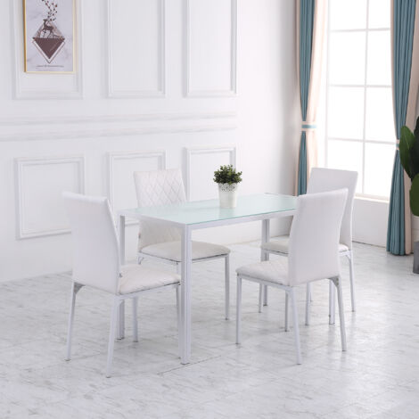 Tavolo Rettangolare da 4 Persone per Cucina e Soggiorno, Tavolo Moderno in Metallo e Vetro Temperato, 120x60x75 cm, Bianco