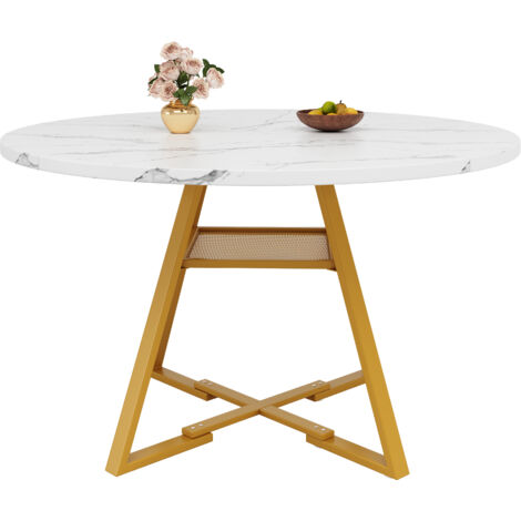 Tavolo rotondo 120x120x75cm, porteata 60kg, struttura stabile MDF e metallo, bianco per sala da pranzo