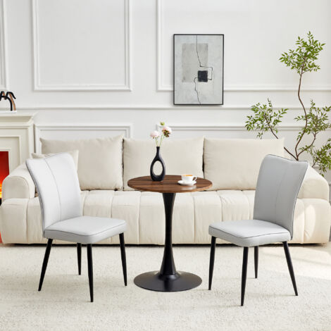 Tavolo rotondo (60 cm) e 2 sedie nere, tavolino/tavolo da pranzo, in MDF color noce, metallo e PU grigio chiaro.