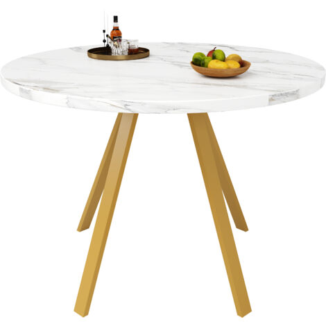 Tavolo Rotondo 80x80x75 cm, con Piano a Effetto Marmo, Struttura in Metallo, Bianco e Oro, per Cucina o Soggiorno