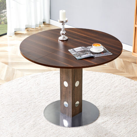 Tavolo rotondo con base quadrata in legno, elementi decorativi a specchio, piede in metallo, per 2-4 persone, in noce, 100x100x76 cm