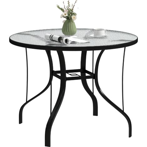 Tavolo rotondo da giardino con foro per ombrellone, in metallo e vetro temperato, Ø96,5x71 cm, nero.