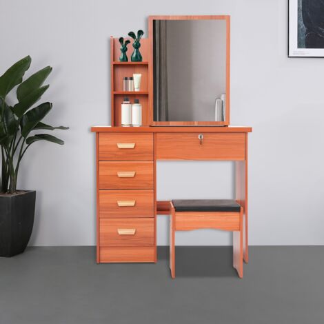 Tavolo trucco 128x80x35cm con cassetti e ripiani, tavolo cosmetici con sgabello