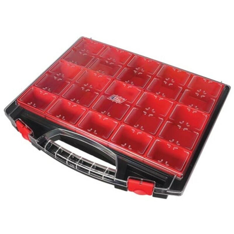 Tayg Boite de rangement, 13 compartiments amovibles, couvercle transparent, empilable, 430 x 370 x 85 mm, noir/rouge