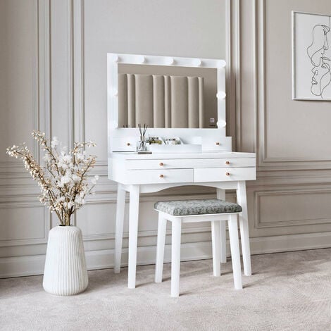 Taylor White Dressing Table with Large Hollywood Mirror LED Lights Touch Sensor Makeup Vanity Table Organiser Glass Tabletop Storage 4 Drawers Stool Set Bedroom Furniture
