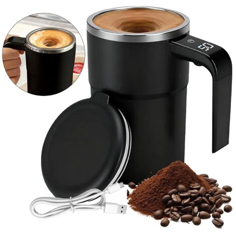 Taza de café autoagitadora de 380 ml – Taza magnética con indicador de temperatura, recargable y con tapa.
