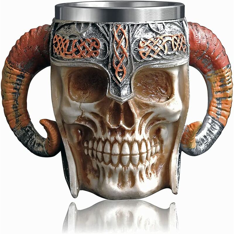 

Taza de calavera de guerrero vikingo con revestimiento de acero inoxidable Taza de cerveza de esqueleto de Aries Taza medieval Taza de café