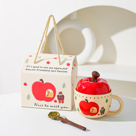 Taza de cerámica de 384 ml (13 oz) para regalo de agradecimiento a los profesores, taza con forma de manzana con cuchara y tapa, los mejores regalos de Navidad para mujeres para café, té, regalos de N