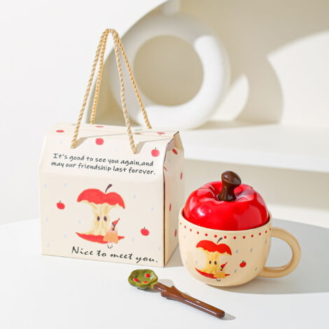 Taza de cerámica de 384 ml, ideal como regalo de agradecimiento para profesores. Taza con forma de manzana, incluye cuchara y tapa. Regalo de Navidad perfecto para mujeres, ideal para café, té o como 