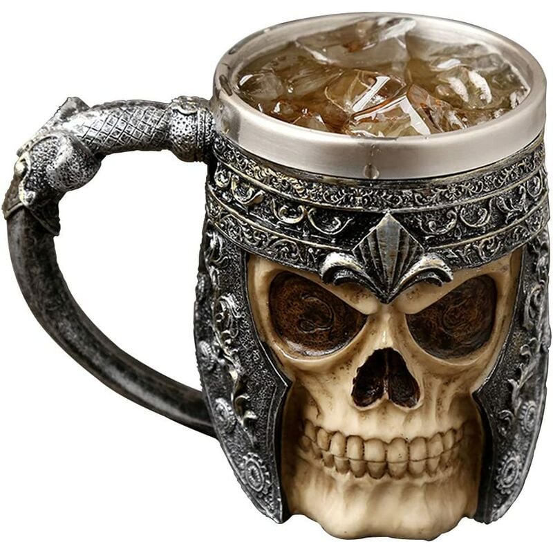 

Taza gótica 3D con forma de calavera Taza de acero inoxidable para bebidas Café Cerveza Jugo de sangre Guerrero vikingo medieval Armadura de calavera