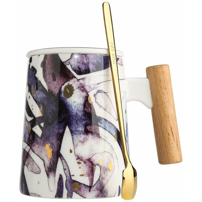 

Taza Tooarts, con tapa, taza de te de ceramica, taza de cafe, taza de gran capacidad, con mango de madera Cuchara de acero 304,Purpura