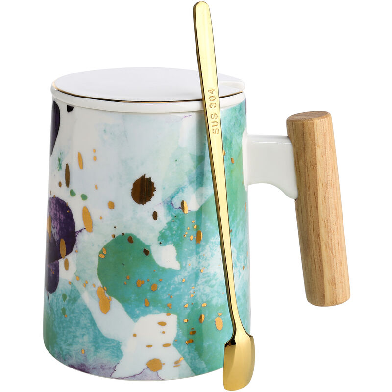 

Taza Tooarts, con tapa, taza de te de ceramica, taza de cafe, taza de gran capacidad, con mango de madera Cuchara de acero 304,Cielo azul