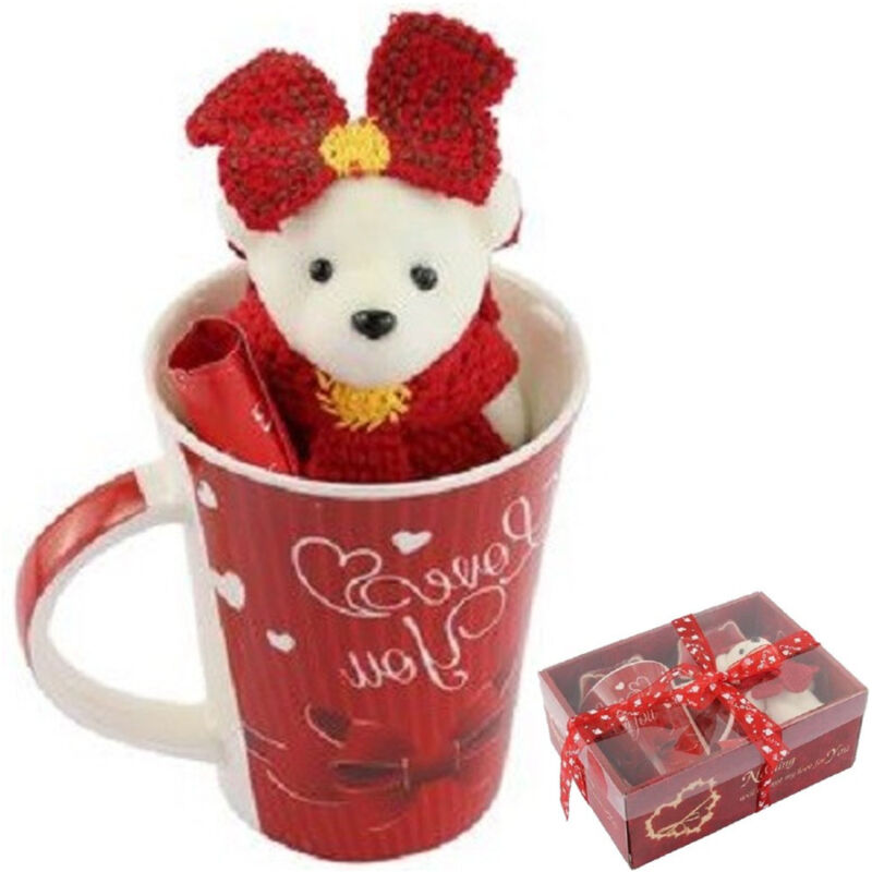 Trade Shop Traesio - Trade Shop - becher mit weissem teddybär plüsch in valentinstag geschenkbox 63299 -