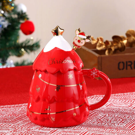 Tazza da 14 once a forma di albero di Natale con coperchio e decorazioni a cucchiaio, graziosa tazza da caffè in ceramica per le feste, regalo invernale per Natale, compleanno, tavola, tazza da tè per