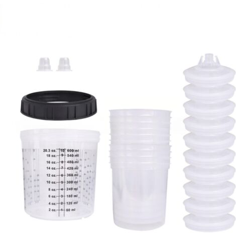 Tazza per spruzzatore, tazza monouso per pistola per verniciatura HVLP, sistema di tazze con inserto e tappo da 20 oz (600 ml)