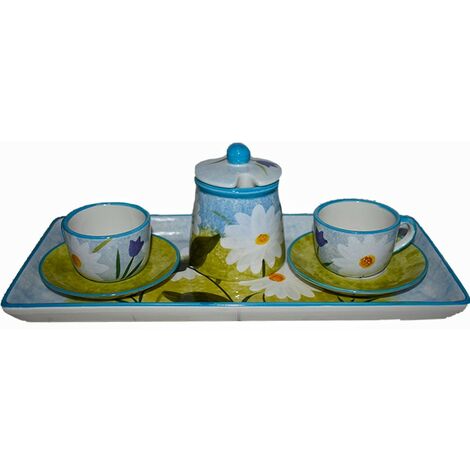 Tazze da caffè con vassoio e zuccheriera celeste fiore margherita primavera set4 servizio tete a tete idea regalo in ceramica