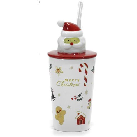 Tazzone Americano con Cannuccia e Tappo  Babbo Natale Rosso tazza 40 cl Idea Regalo di Natale decori natalizi