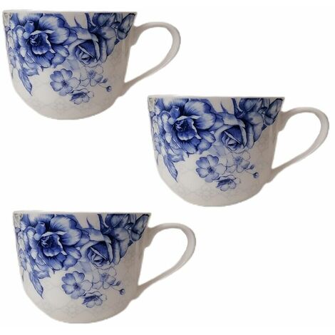 Tazzone da latte Tazza colazione fiori blu o rosa set da 3 cucina idea regalo in ceramica eleganti particolari - colorigenerali: BLU