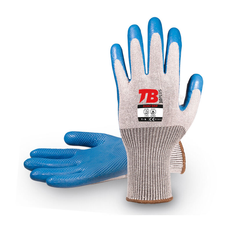 

Guante de Protección TB 313AZ Grip - 10 pares | Guante de Trabajo con Recubrimiento de Látex Azul, Soporte de Algodón-Poliéster y Puño Elástico.