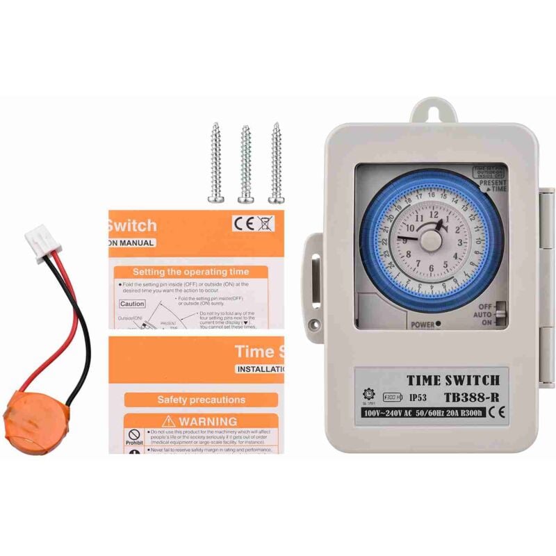 TB388R Interrupteur horaire 24 Heures avec minuterie mécanique analogique et contrôleur Automatique Rail din avec Couvercle étanche Blanc,AC100-240V