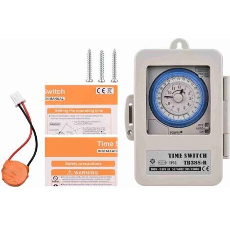 TB388R Interrupteur horaire 24 Heures avec minuterie mécanique analogique et contrôleur Automatique Rail DIN avec Couvercle étanche Blanc,AC100-240V