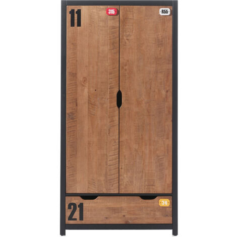 TCHAD - Armoire 2 Portes 1 Tiroir en Pin Massif avec Motifs