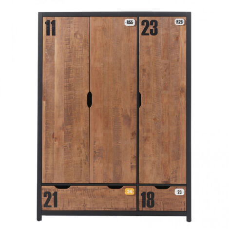 TCHAD - Armoire 3 Portes 2 Tiroirs en Pin Massif avec Motifs
