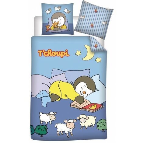 T'Choupi - Parure de lit coton Enfant Doudou - Housse de Couette 140x200 cm Taie 65x65 cm - Bleu