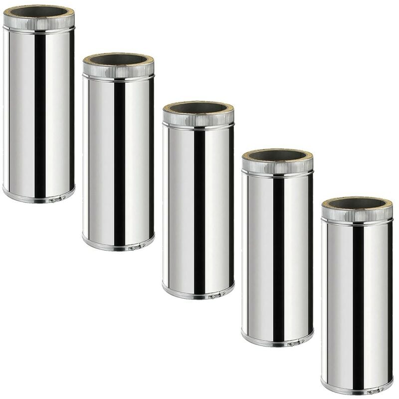 Lot de 5 TDPI500 Conduit double paroi isolé polycombustible longueur 50 cm Inox Ø125