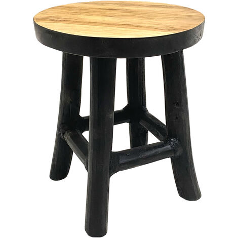 Teak Blumenhocker 17 x 15 cm rund - schwarz / klein - Holz Pflanzen Hocker mit 4 Füßen - Echtholz Deko Massivholz Blumen Pflanzen Ständer