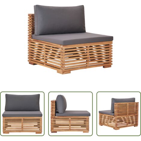 Teak -  Divano Centrale da Giardino con Cuscino Grigio Massello di Teak