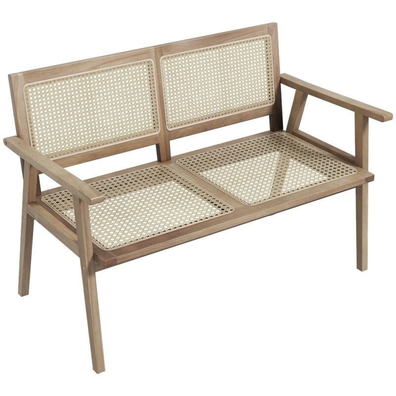 Costway - Teak Wood Garden Bench 2-Person Patio Lounger Loveseat w/ Rattan Backrest & Seat