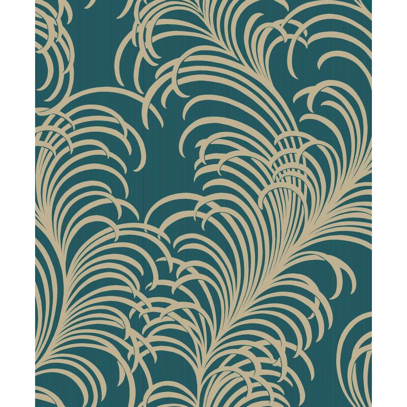 Teal Cabaret Feather Wallpaper Grandeco Gold Glitter Vinyl Textured Metallic