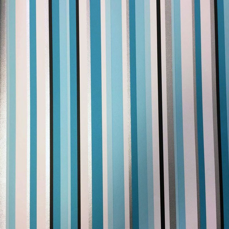 Teal Silver Blue White Black Striped Stripe Wallpaper Metallic Modern Luxury