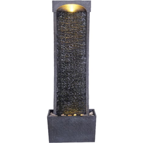 Teamson Home 98 cm Indoor/Outdoor Moderner Gebogener Kunstschiefer-Wasserfallbrunnen mit LED-Leuchten, Schwarz und Steingrau
