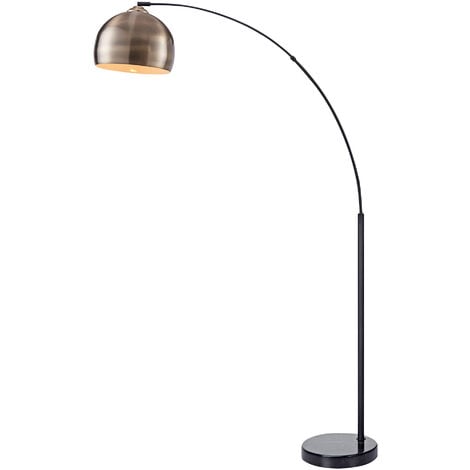 Teamson Home Arquer Arc Curved Standing LED Floor Lamp with Bell Shade & Marble Base, Modern Lighting in Antique Brass for Living Room or Dining Room - Anti-Brass / White Marble