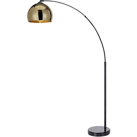 Teamson Home Arquer Arc Curved Standing LED Floor Lamp with Bell Shade & Marble Base, Modern Lighting in Gold for Living Room, Bedroom or Dining Room - Gold/Black