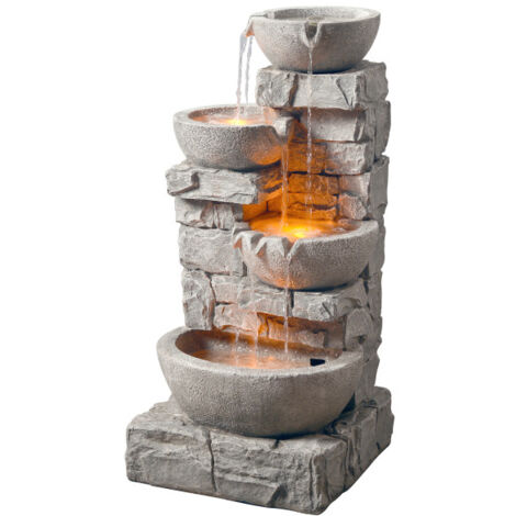 Teamson Home Cascading Bowls & Stacked Stone Outdoor Water Fountain with LED Light, Grey