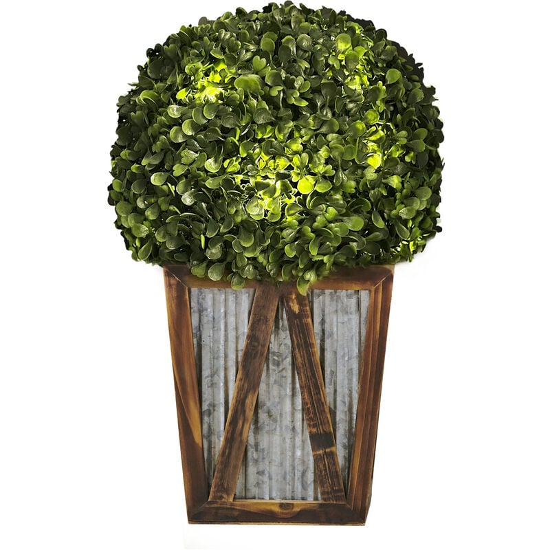 Image of Decorazione Da Giardino, Luce Solare, Cespuglio di Arbusto per Topiaria Rotonda Artificiale Automatico Pre Illuminato con Vaso per Piante in Legno